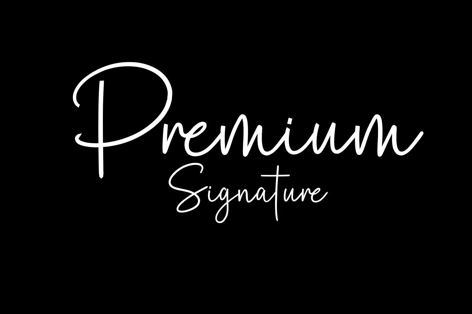 Premium Signature Font preview with white handwritten signature lettering on a black background