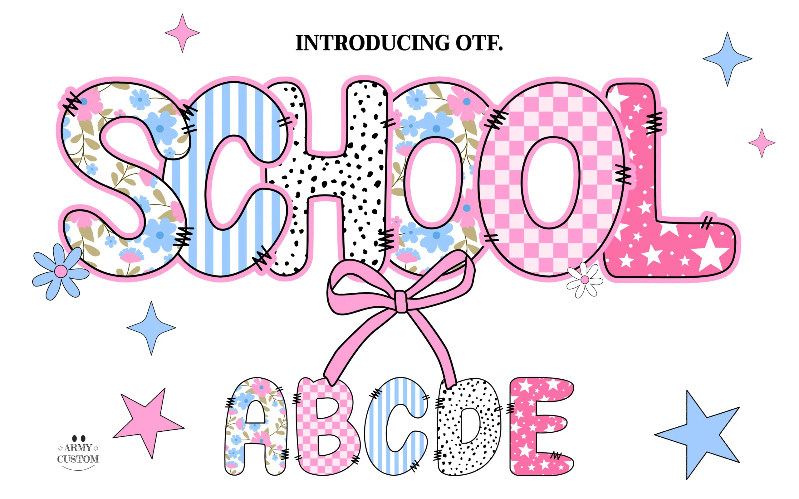 Preppy Coquette Font preview with pastel patterned bubble letters, floral fills, and pink checker details