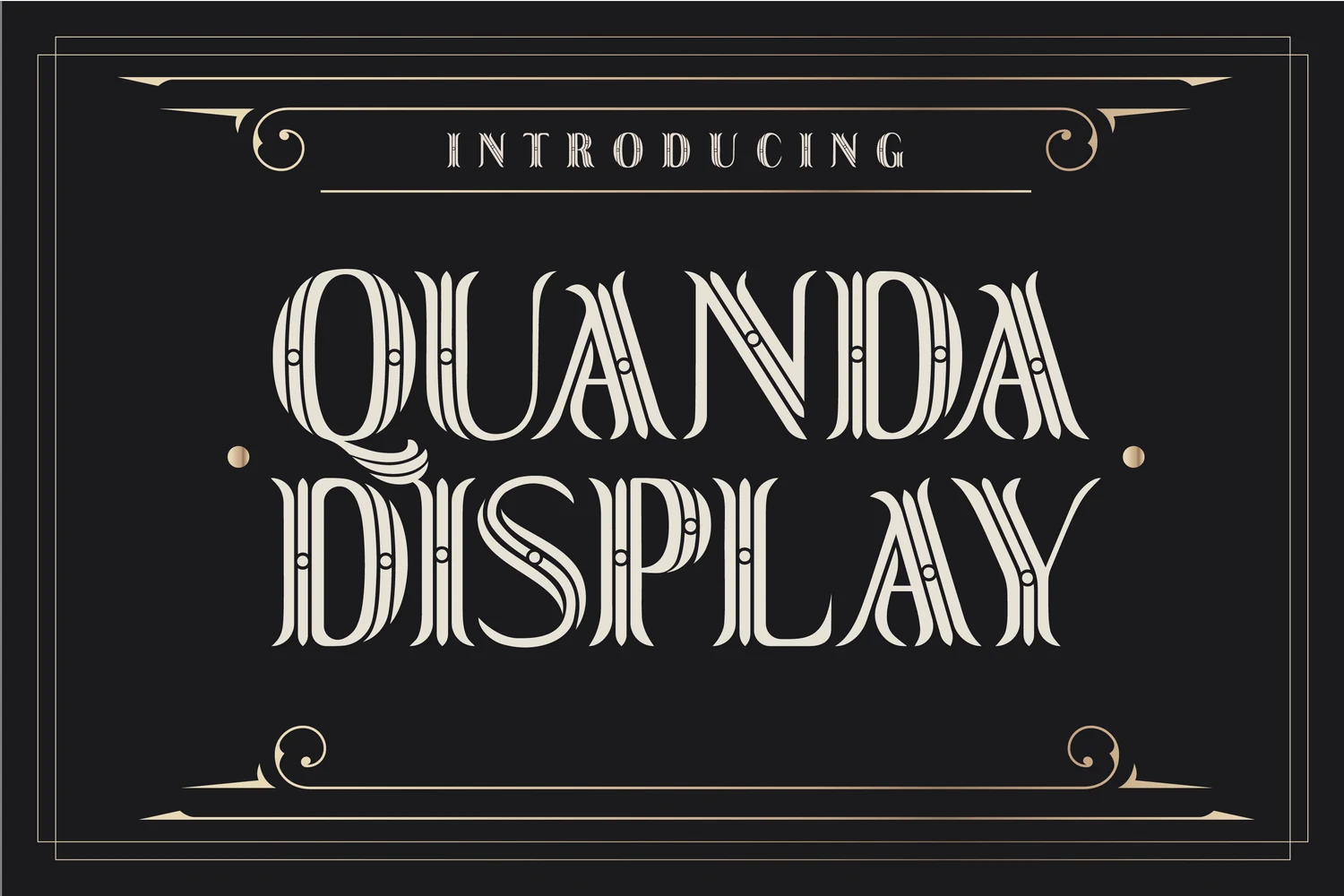 Quanda Display Font preview with ornate cream circus-style lettering, inline stripes, and curled serifs
