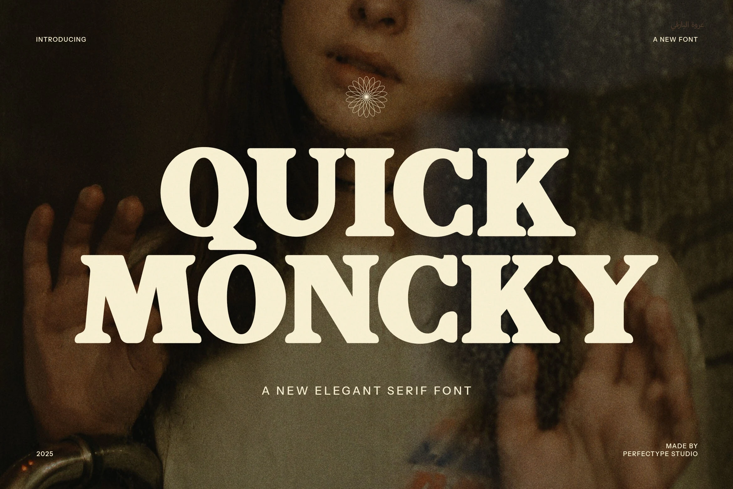 Quick Moncky Font preview with bold cream serif lettering and rounded slab-style forms
