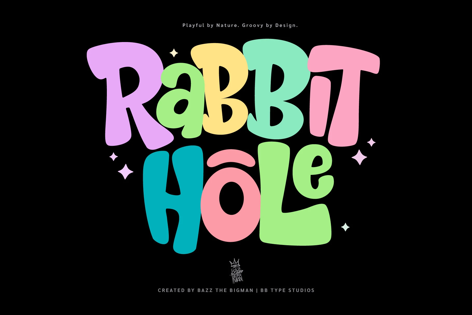 Rabbit Hole Font preview with bold colorful groovy display lettering
