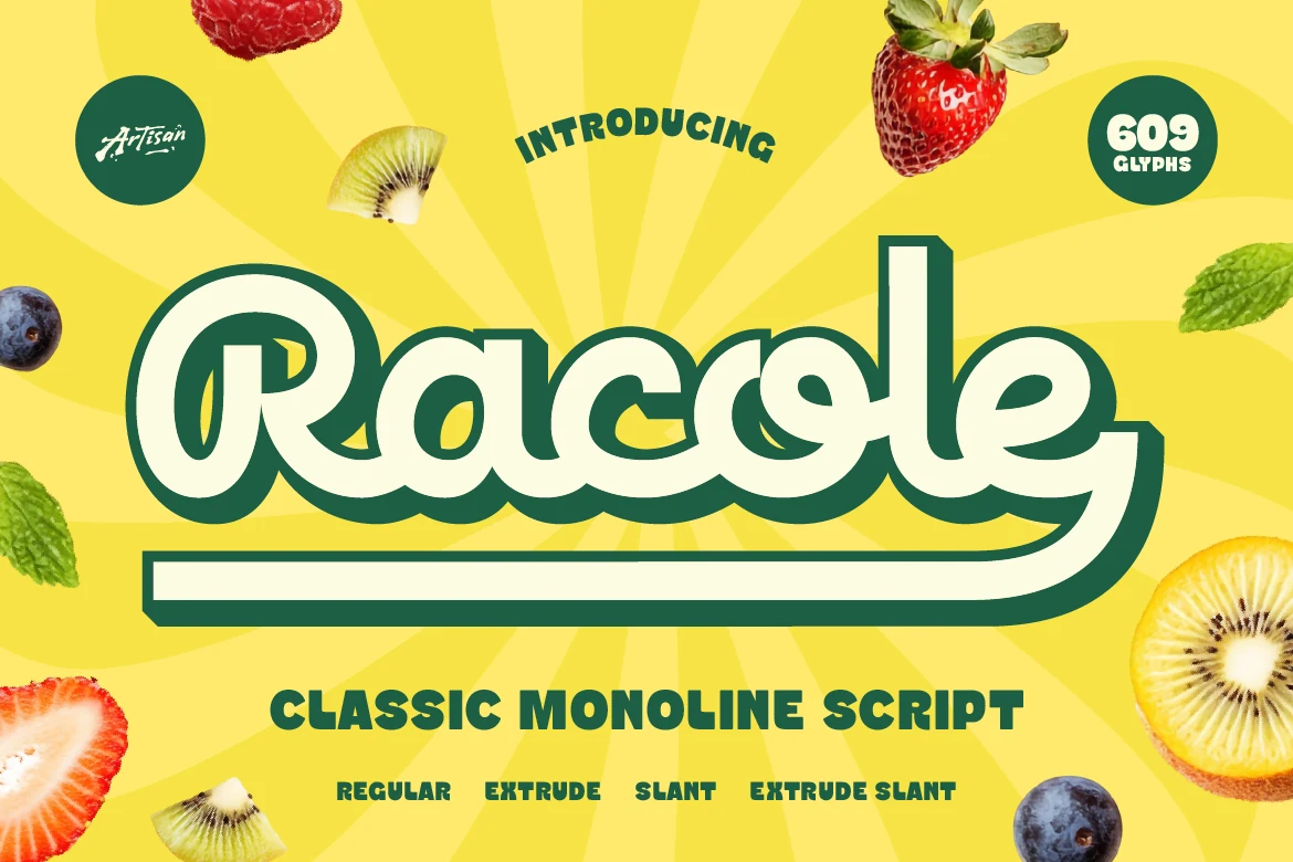 Racole Font preview with bold rounded retro script lettering, green outline, and a long underline swash