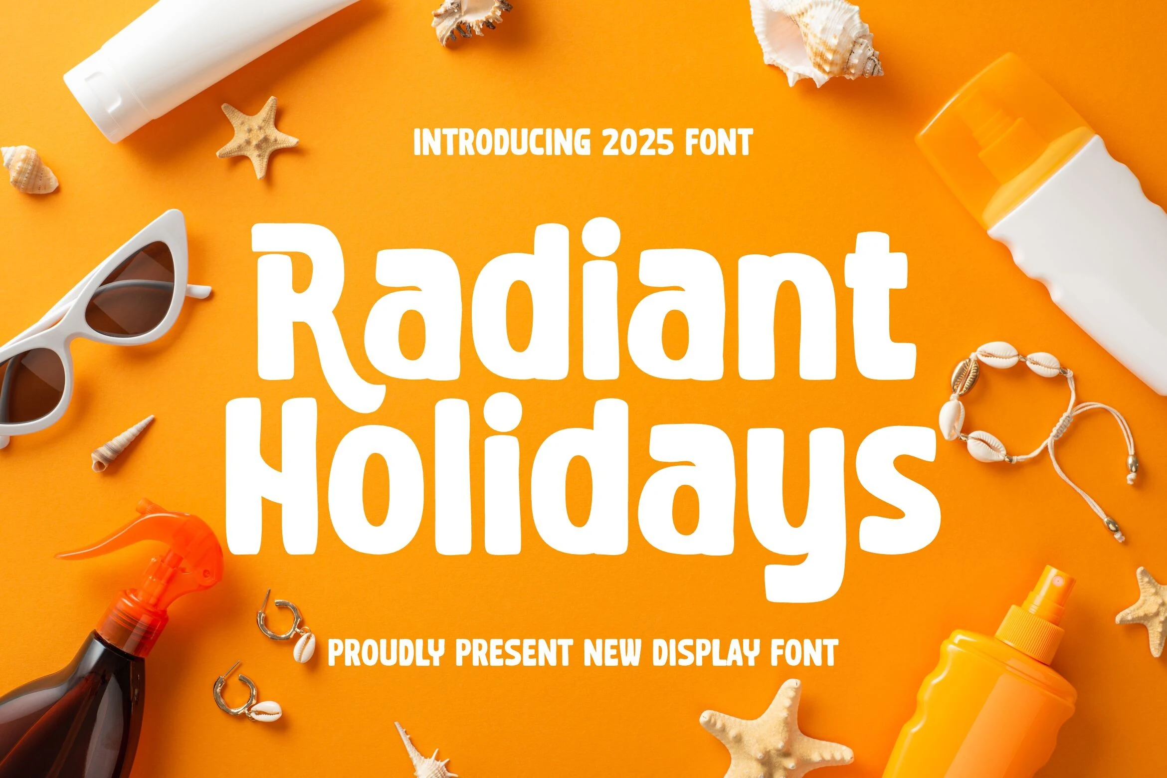 Radiant Holidays Font bold rounded white display lettering on a bright orange summer preview