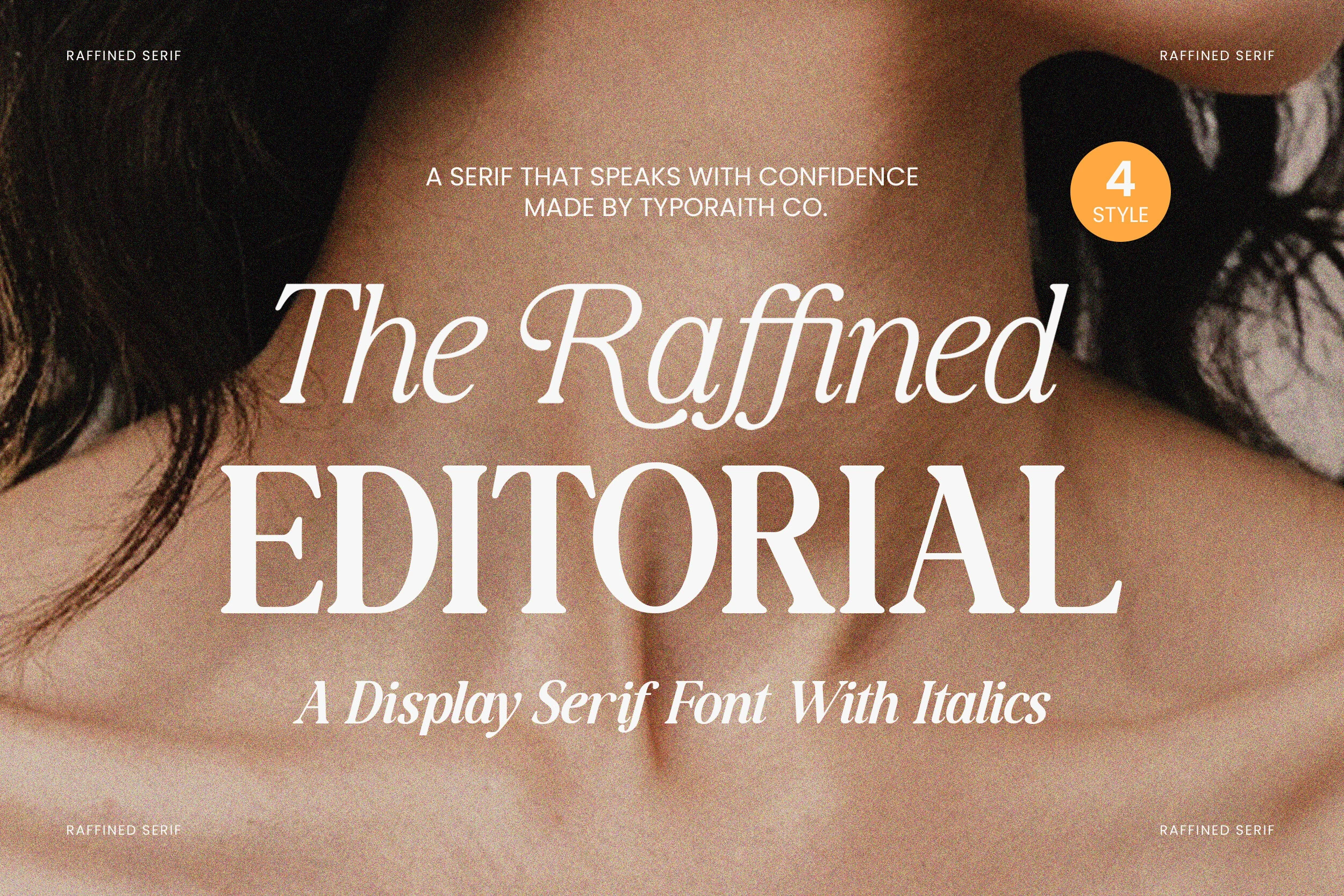 Raffined Font preview with bold high-contrast serif and elegant italic display lettering
