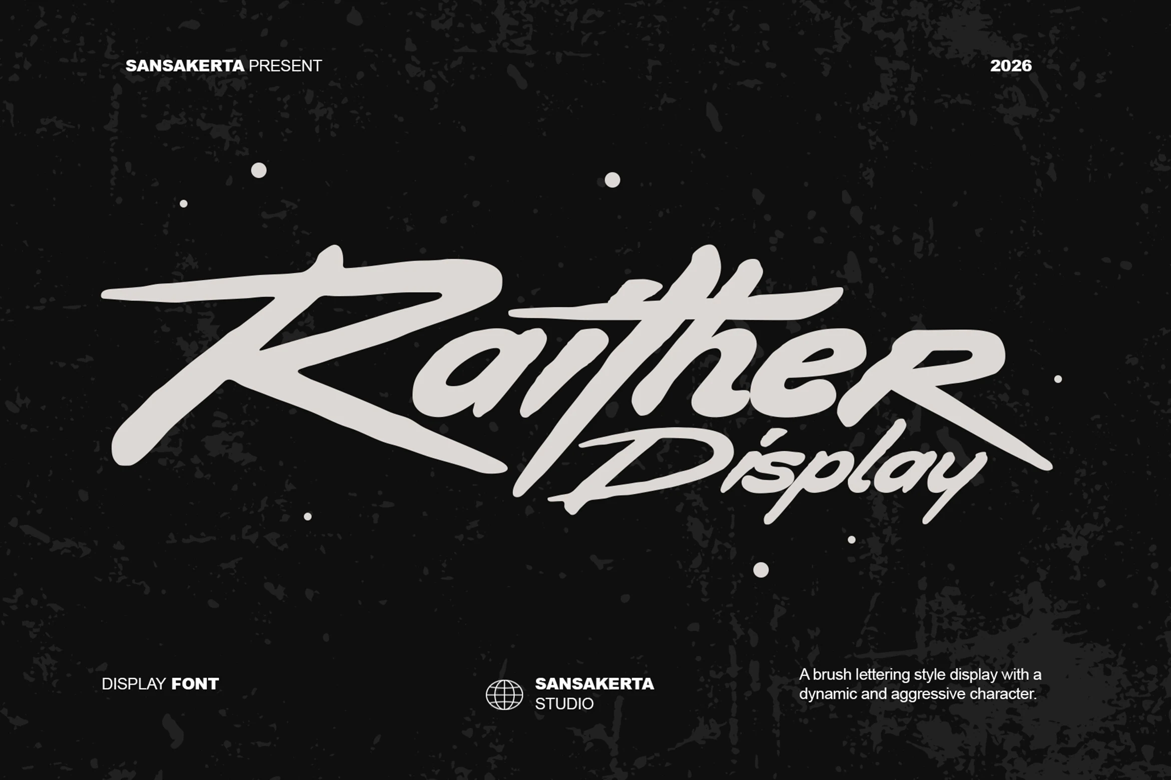 Raither Display Font preview with white slanted brush lettering and long sweeping strokes
