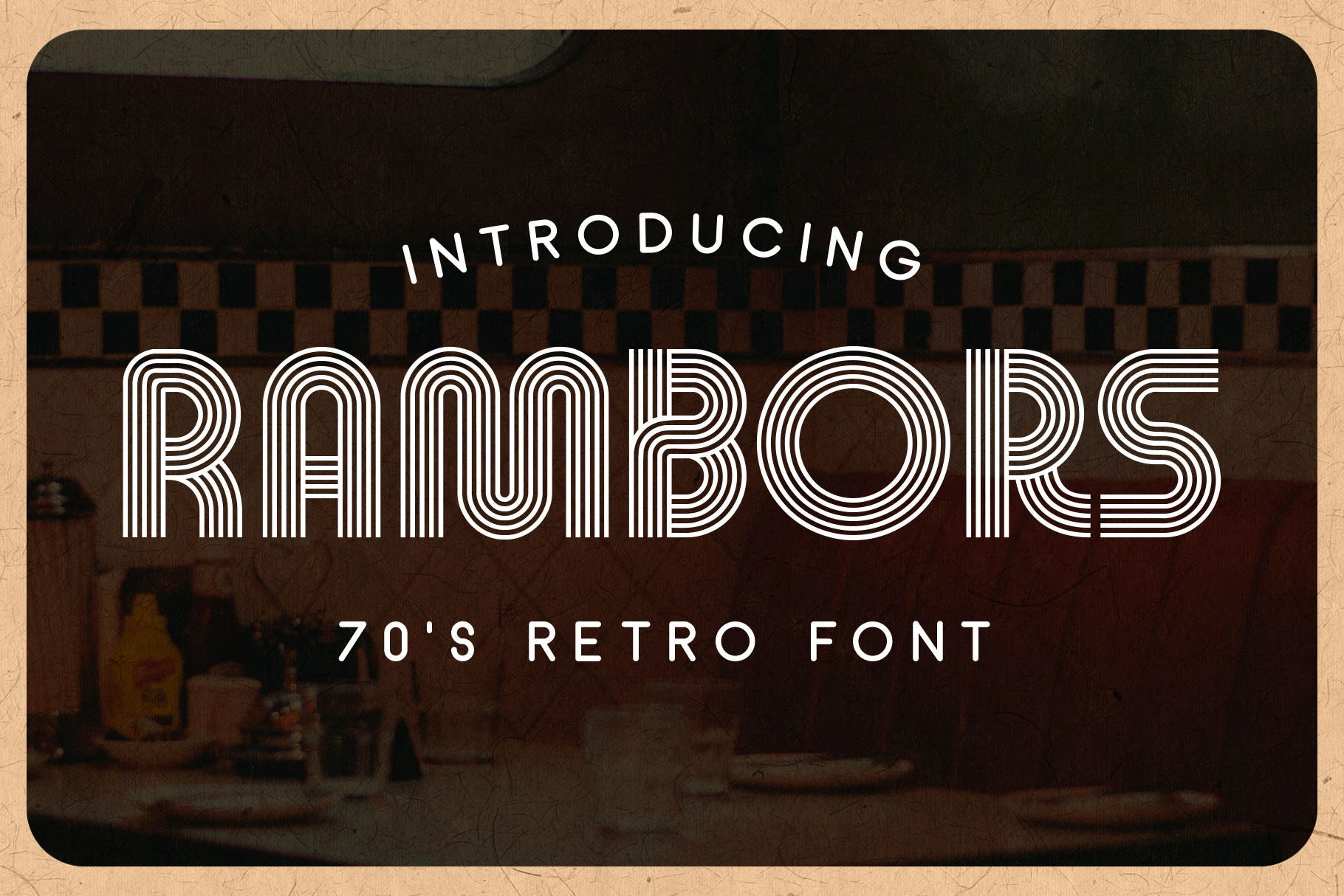 Rambors - Nostalgic Retro Font preview with white multiline 70s display lettering and rounded geometric stripes