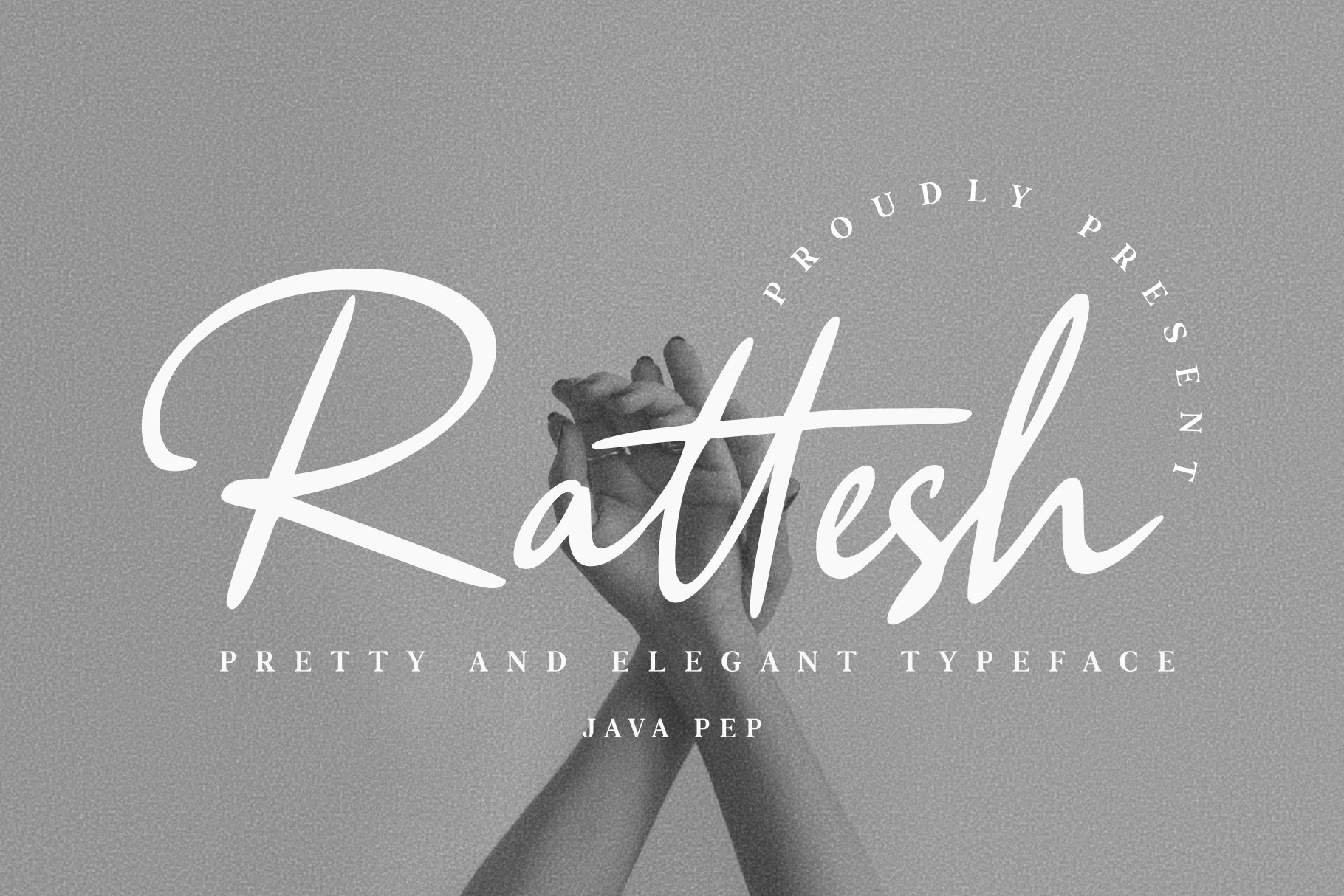 Rattesh Font preview with white elegant handwritten script lettering and wide sweeping strokes