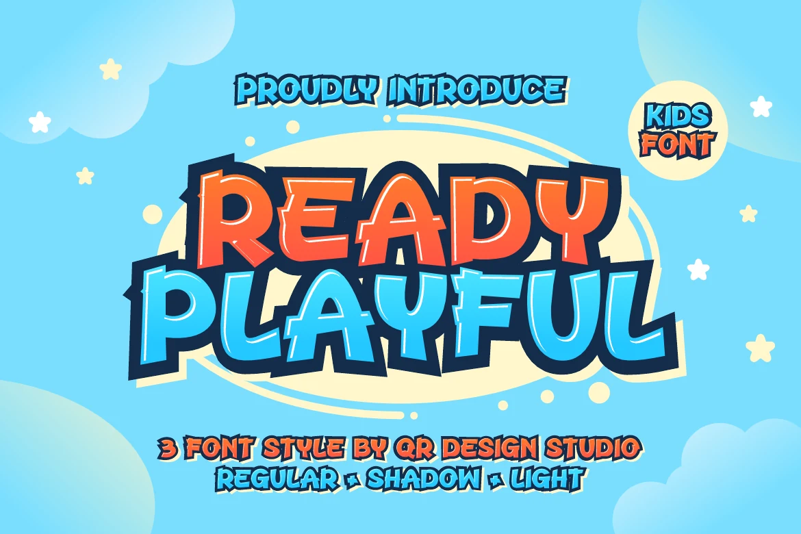 Ready Playful Font preview with chunky blue and orange cartoon lettering and bold shadow