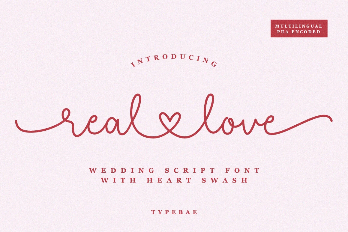 Real Love Font preview with red handwritten script, long swashes, and heart-shaped connection