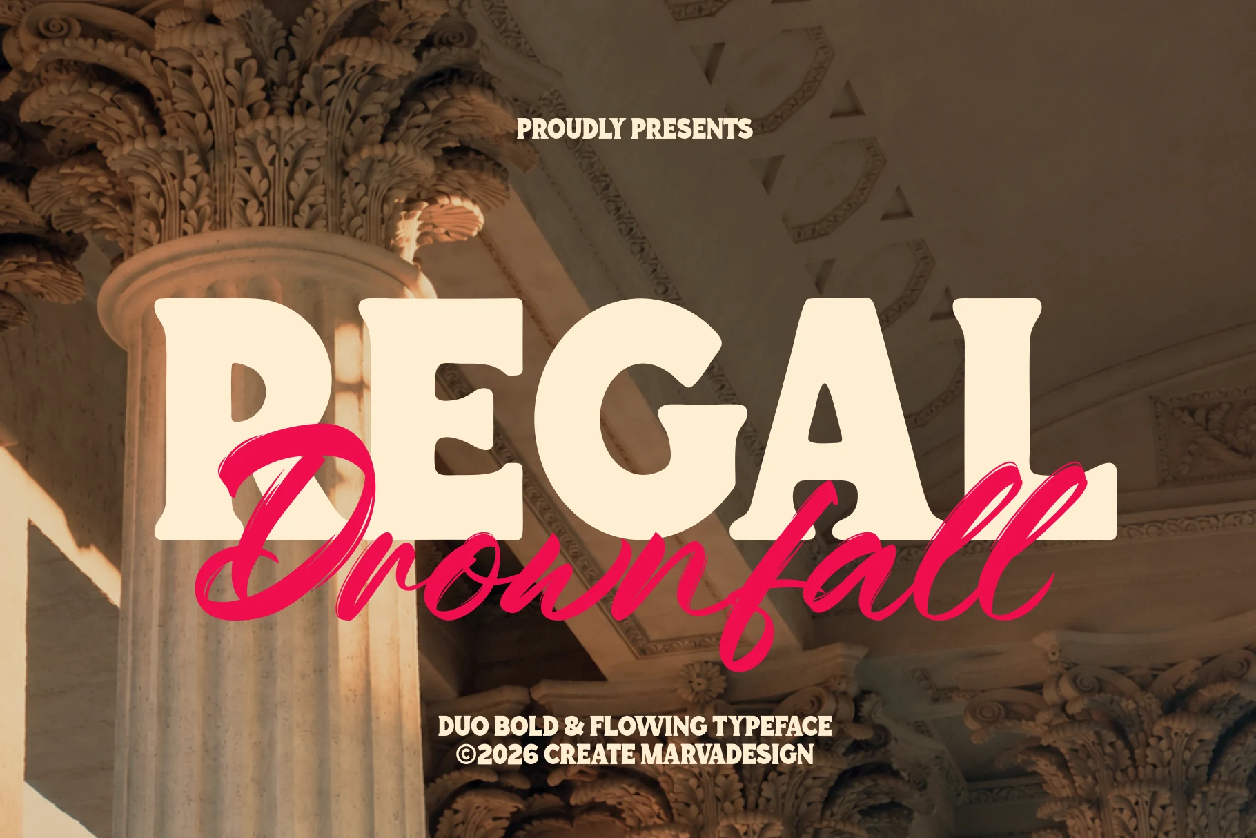 Regal Drownfall Font preview with bold serif and flowing script duo