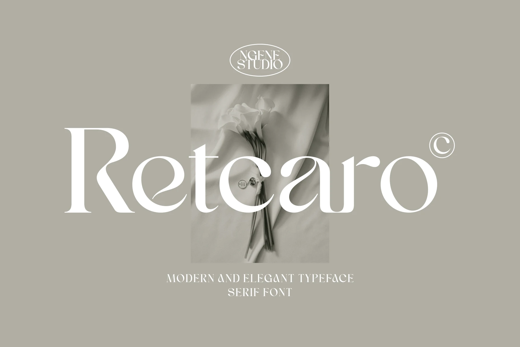 Retcaro Font preview with white high-contrast serif lettering, soft curves, and elegant swash details