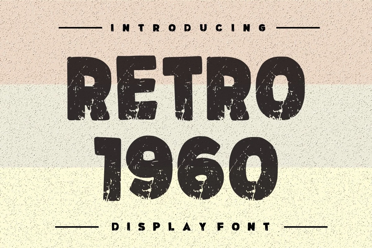 Retro 1960 Font preview with distressed black block lettering on a cream striped background