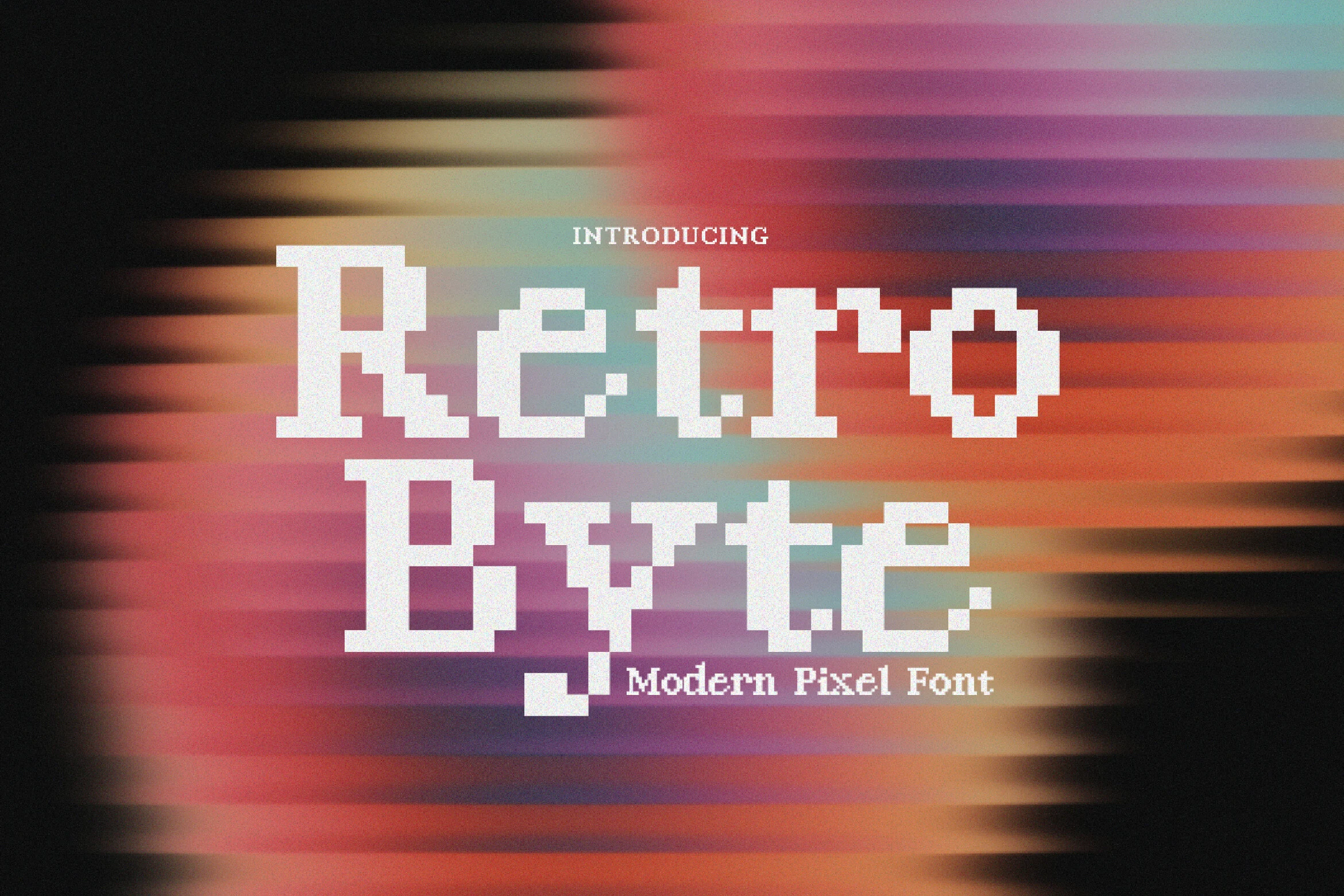 Retro Byte Font preview with white pixel-style display lettering on a blurred multicolor background