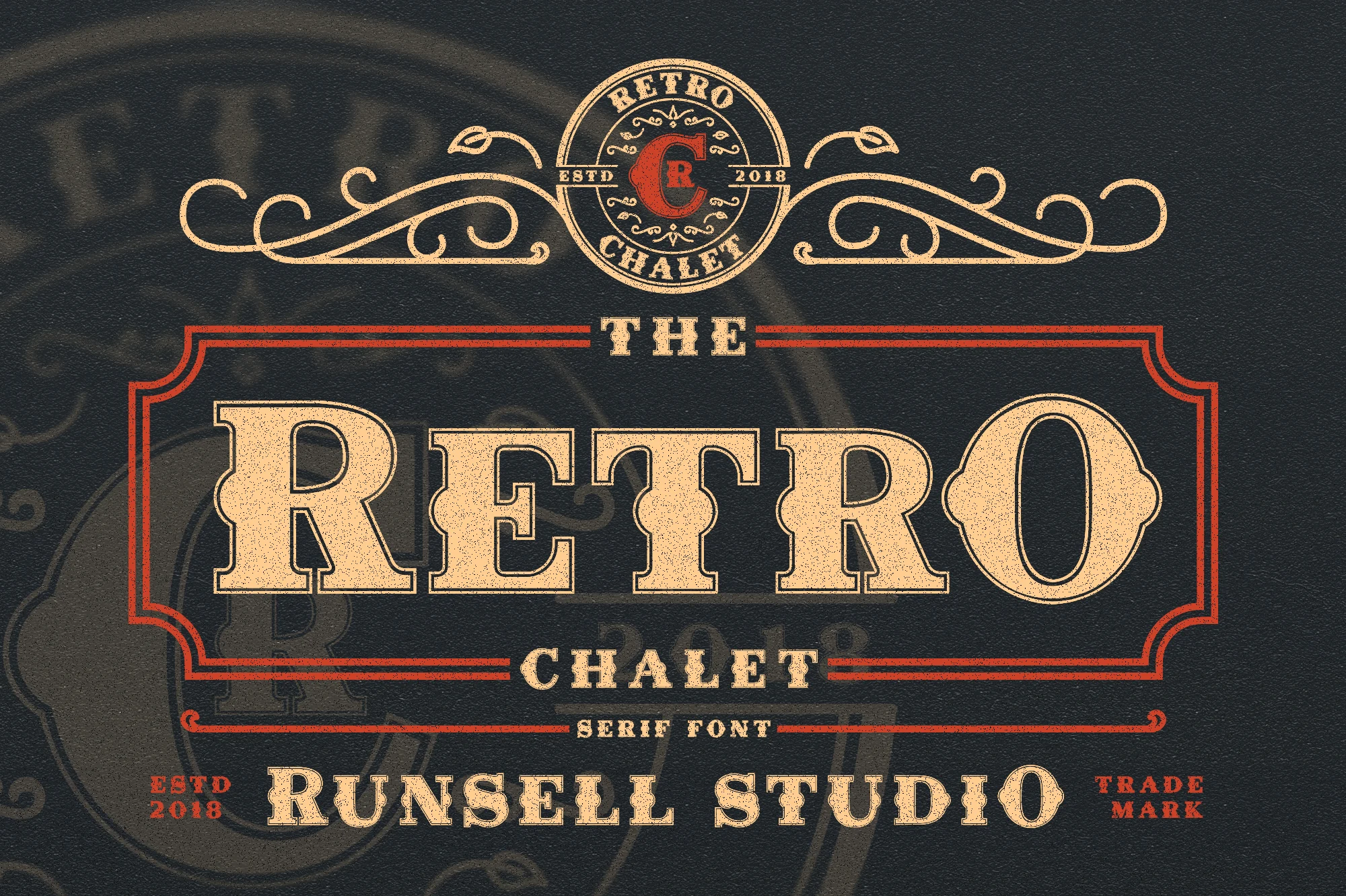 Retro Chalet Font preview with bold vintage slab serif lettering, decorative inline details, and distressed display styling