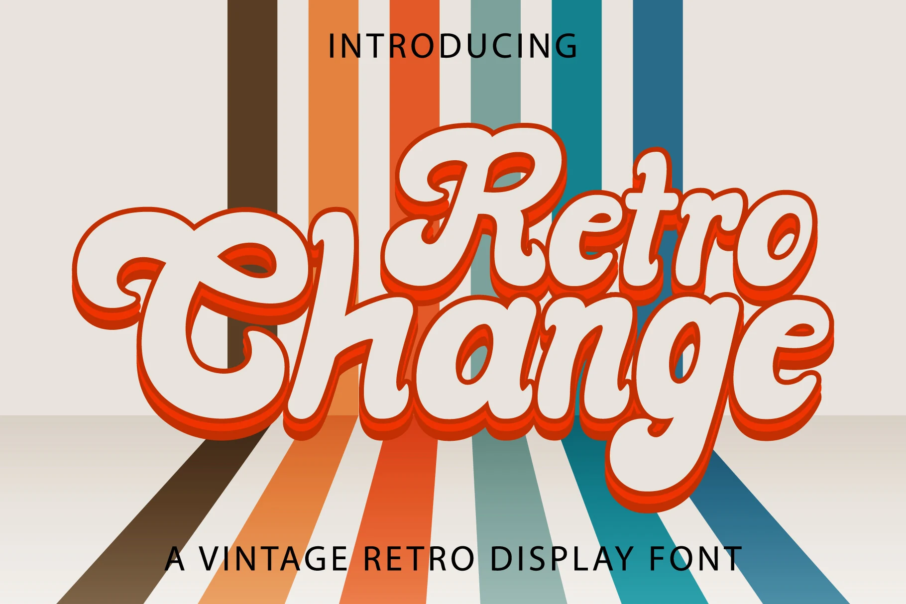 Retro Change Font preview with chunky retro handwritten lettering, rounded shapes, and orange layered shadow