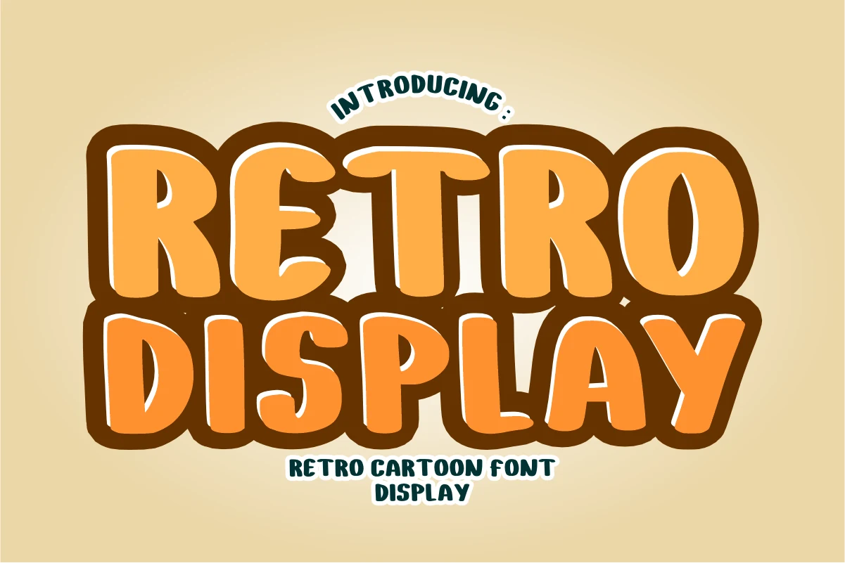 Retro Display Font preview with chunky orange rounded cartoon lettering and dark outline
