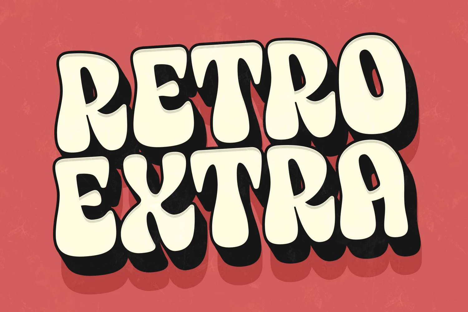 Retro Extra Font preview with chunky cream display lettering, rounded retro shapes, and bold black shadow