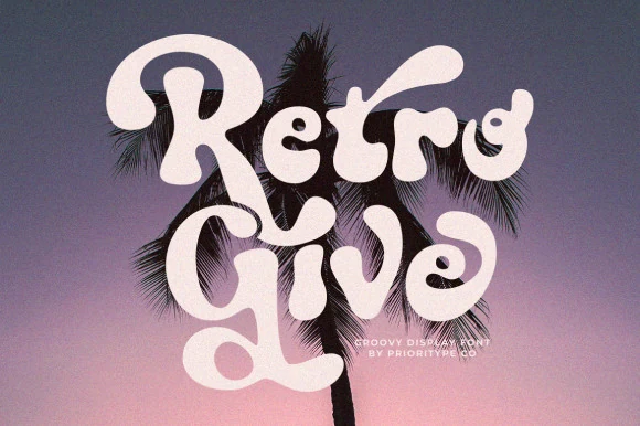 Retro Give Font preview with bold chubby retro lettering and curled swashes