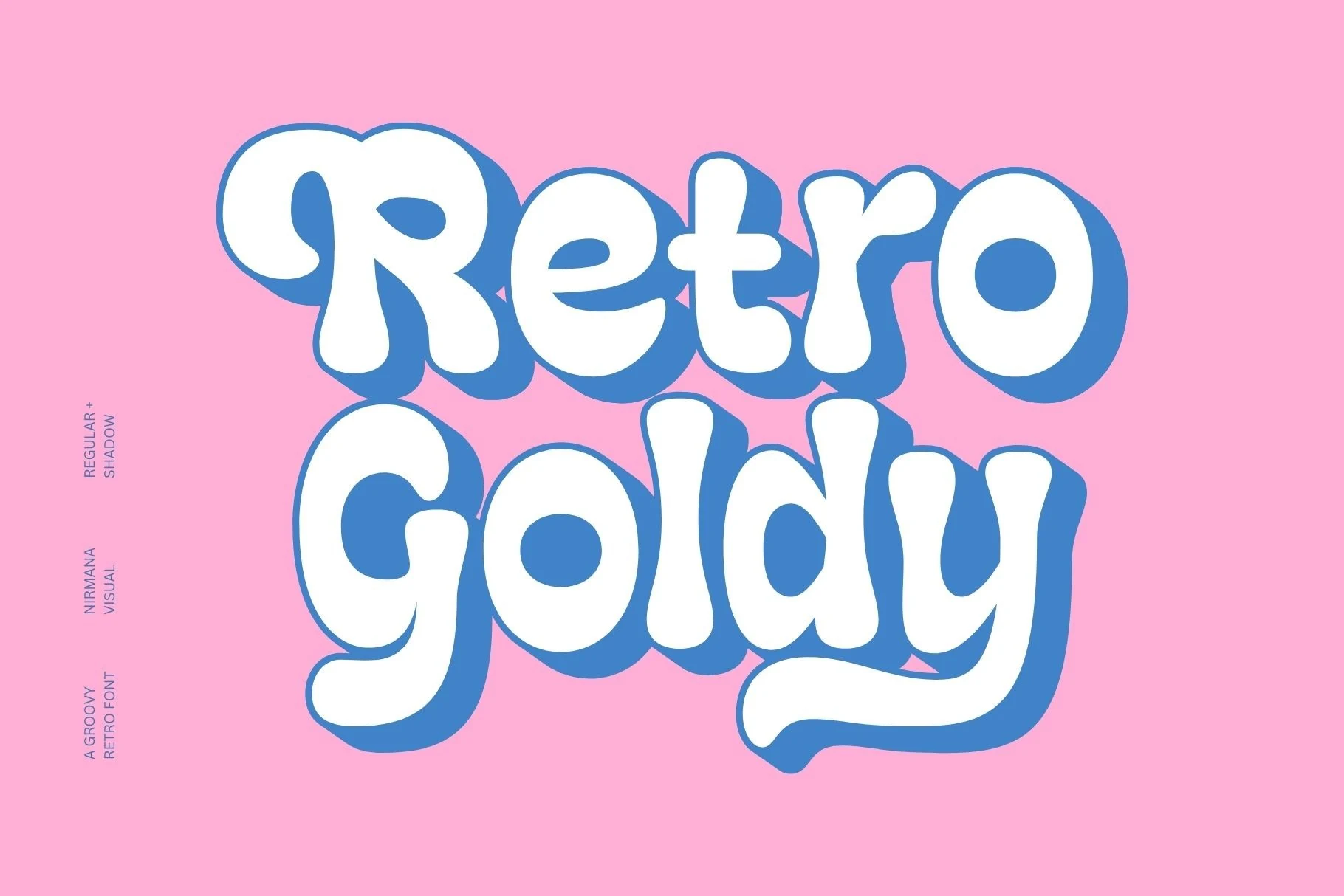 Retro Goldy Font preview with chunky rounded retro lettering, white fill, and blue shadow