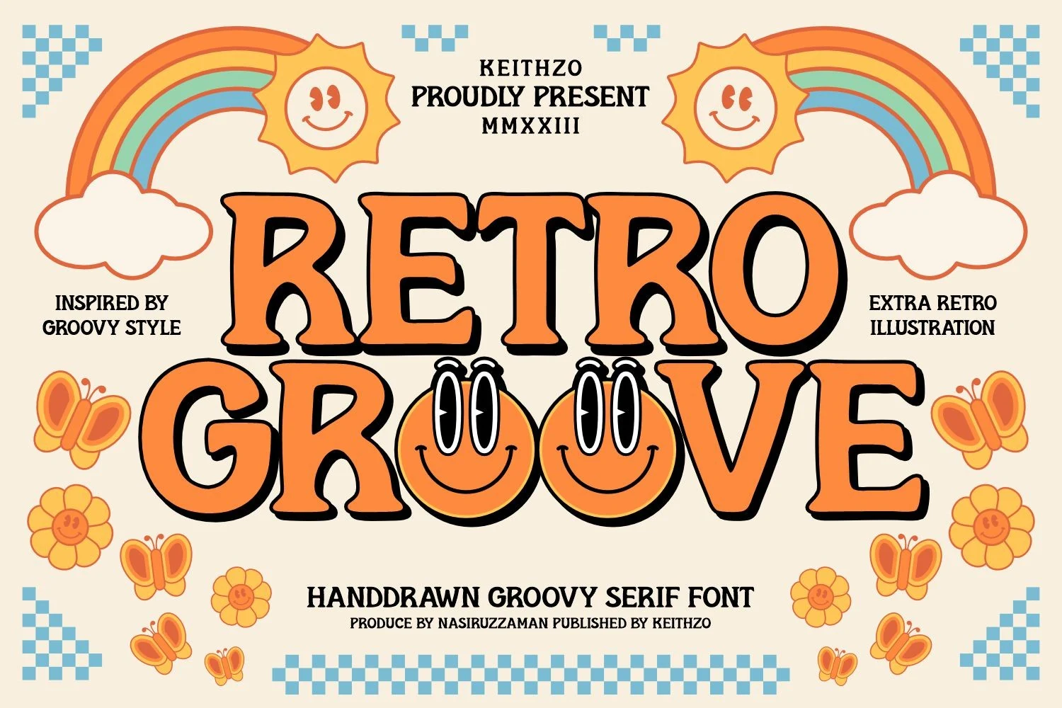 Retro Groove Font preview with orange handdrawn serif lettering, chunky curves, and black shadow