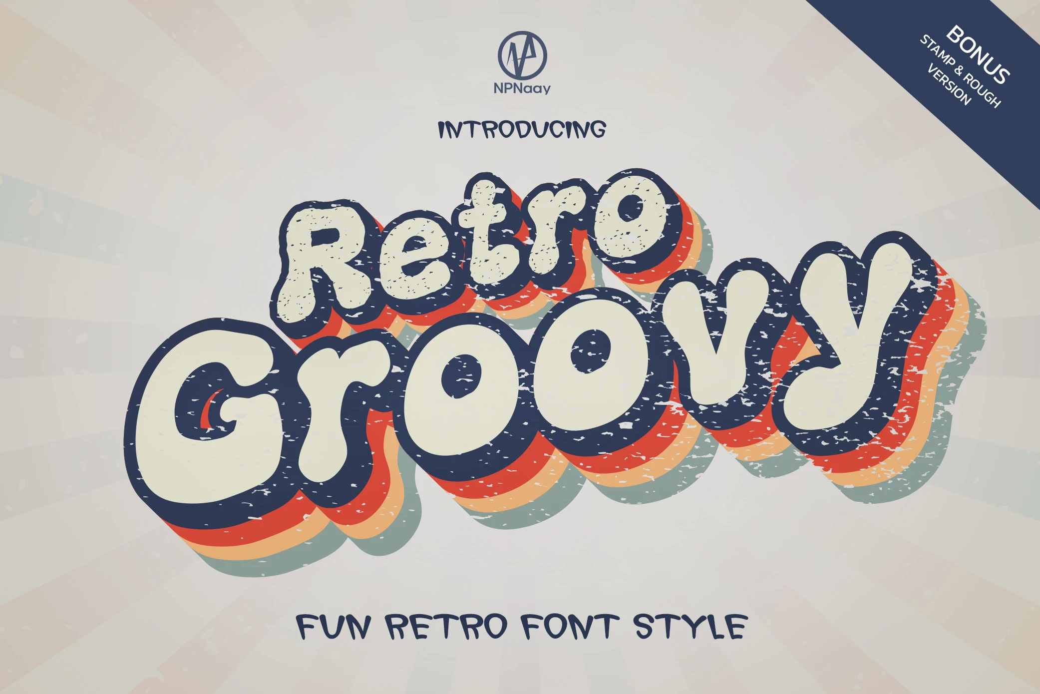 Retro Groovy Font preview with rounded distressed display lettering and layered multicolor shadow