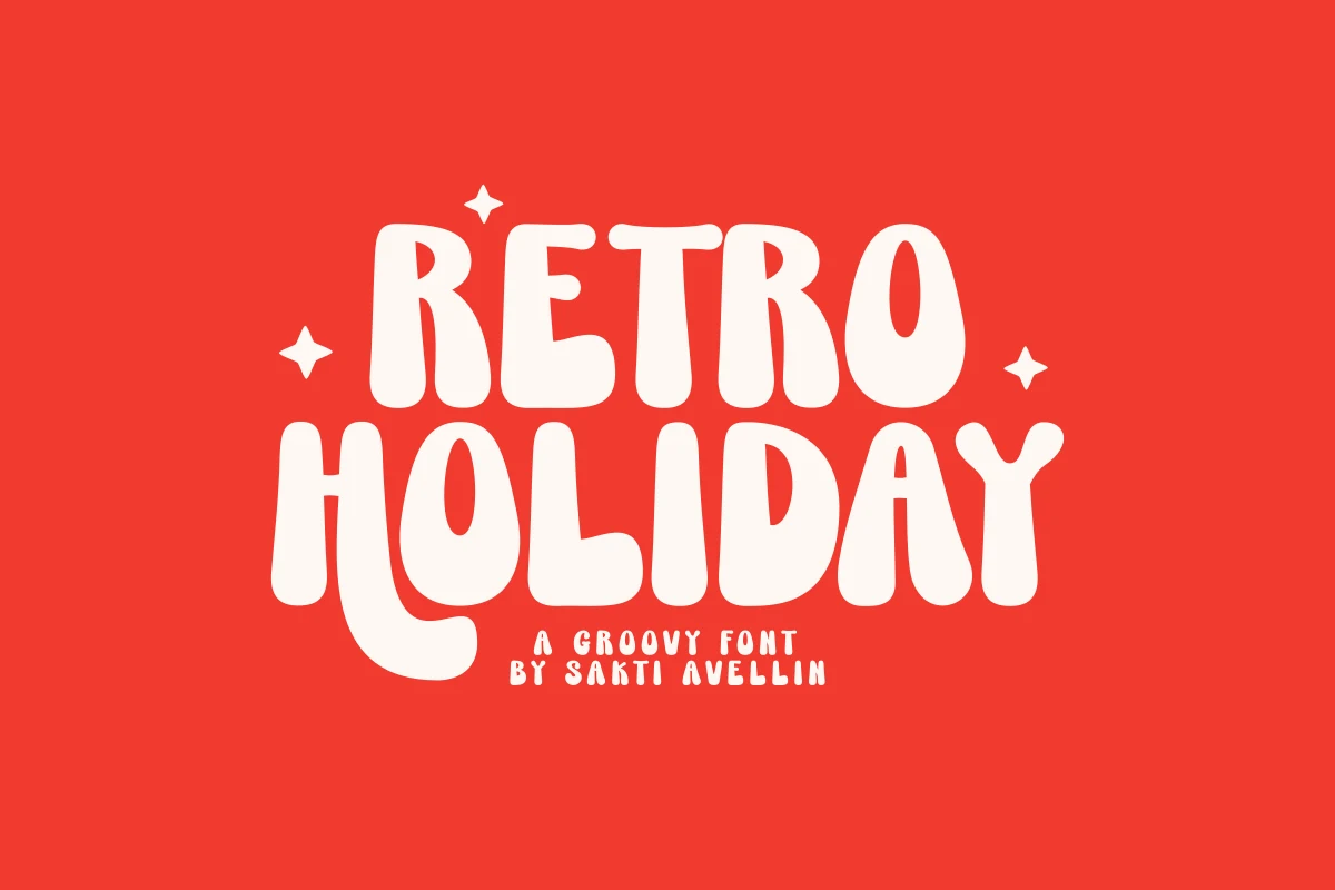 Retro Holiday Font preview with bold cream groovy uppercase lettering on a red background