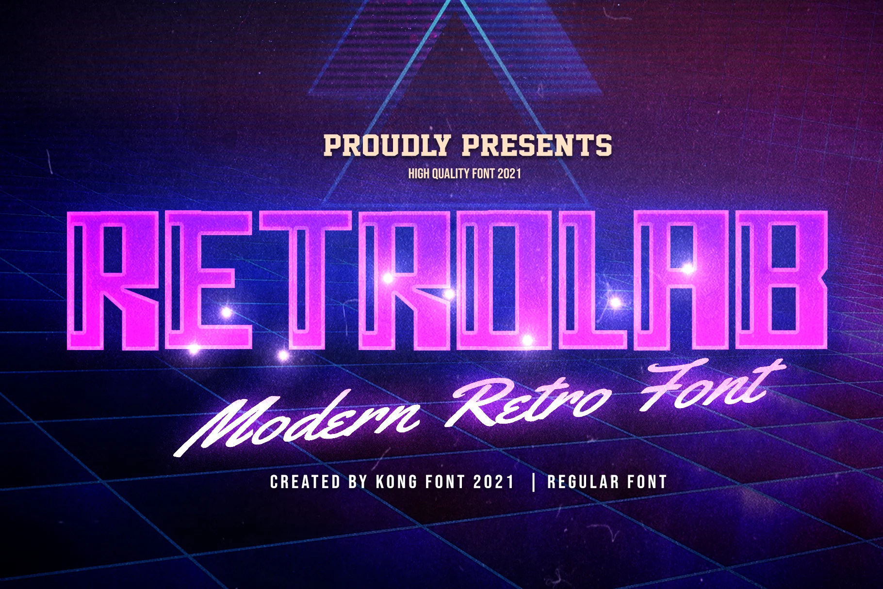 Retro Lab Font preview with tall neon block lettering, condensed shapes, and pink glow