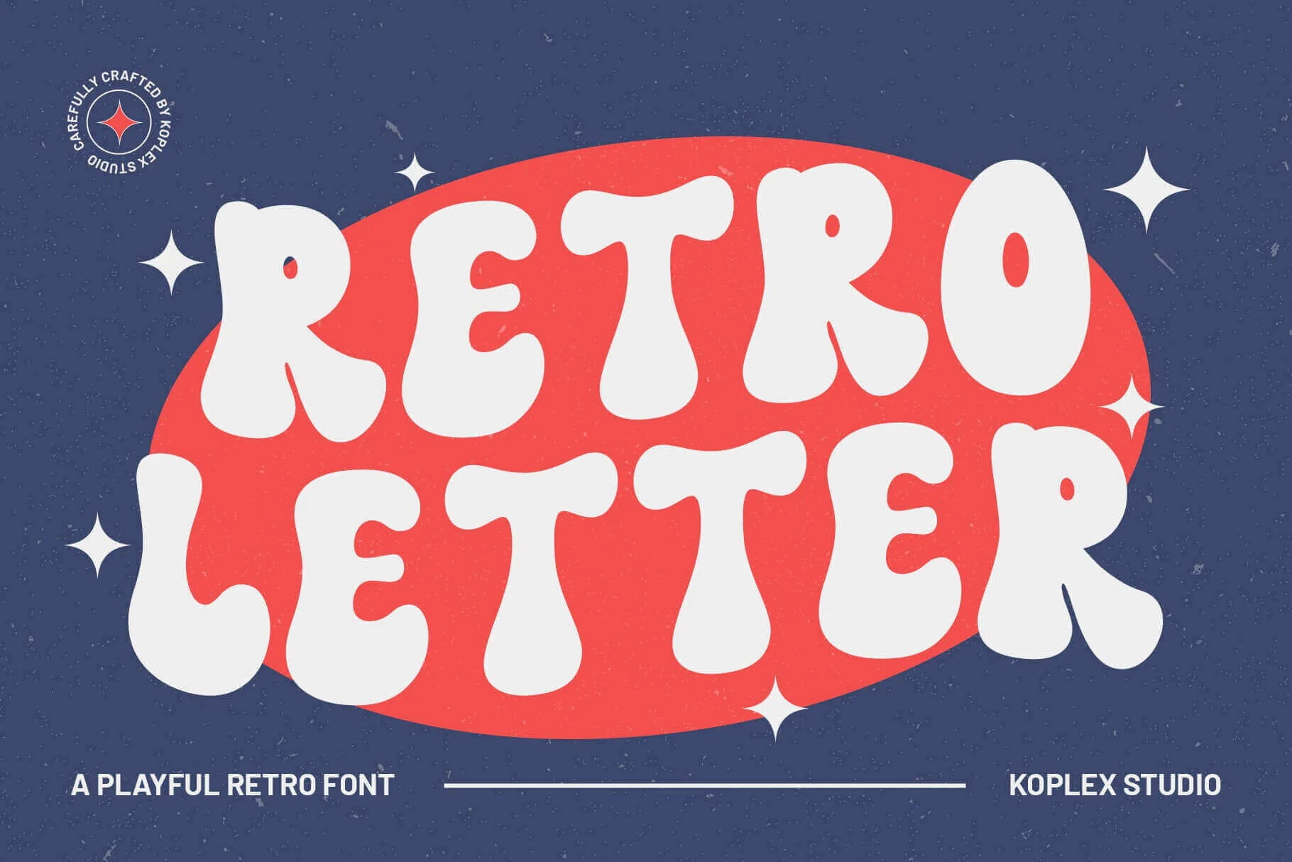 Retro Letter Font preview with chunky white groovy display lettering on a blue background