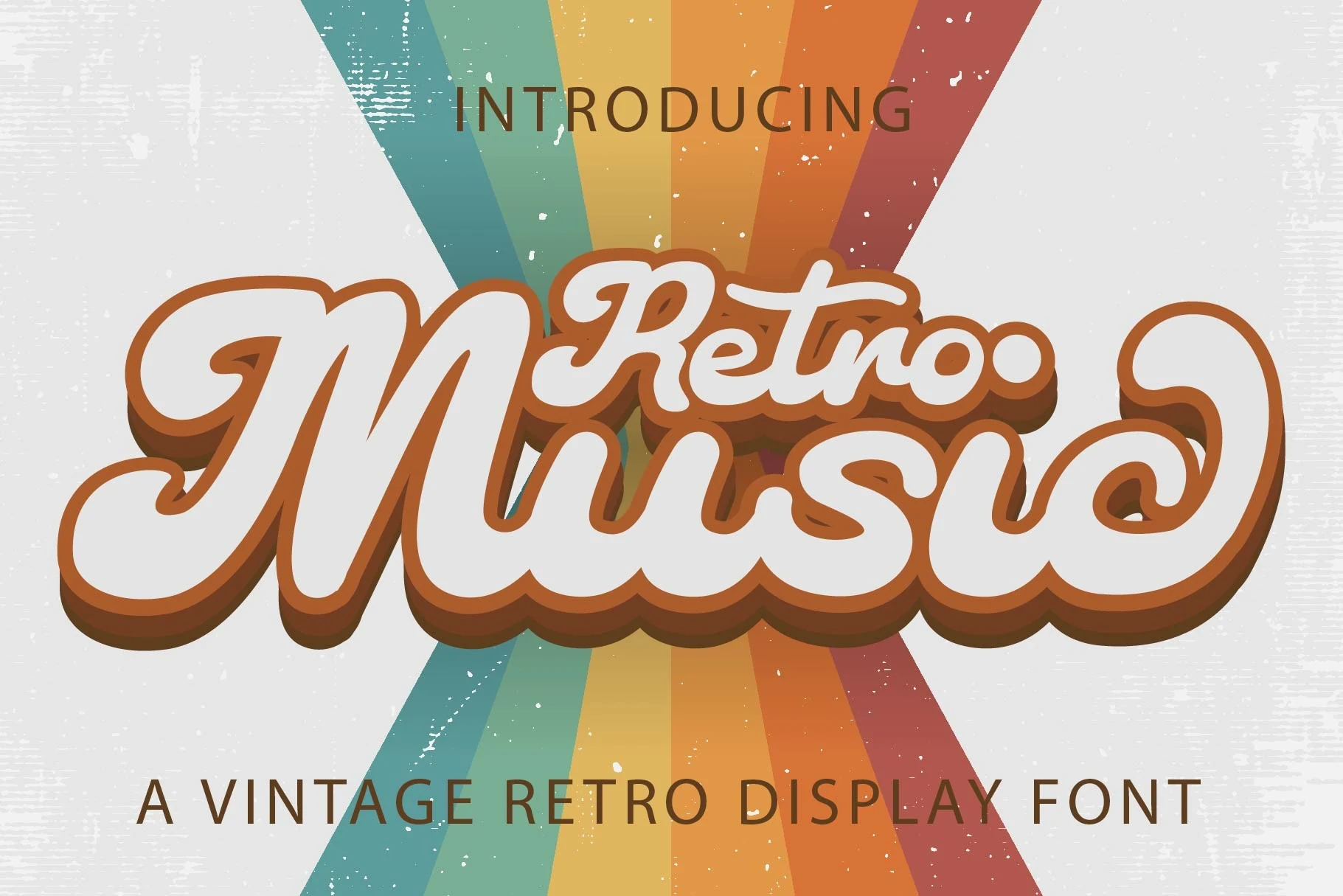 Retro Music Font preview with bold white retro script lettering, orange outline, and long swash tail