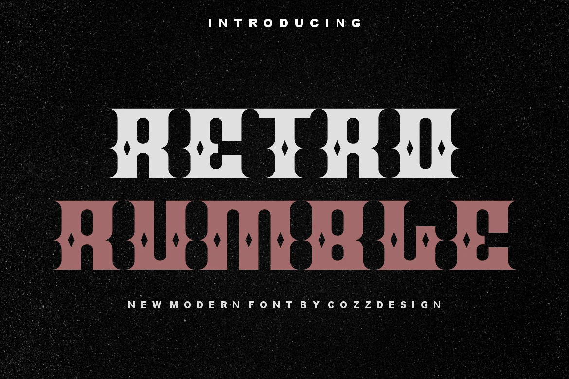 Retro Rumble Font preview with bold decorative slab lettering and diamond cutout details