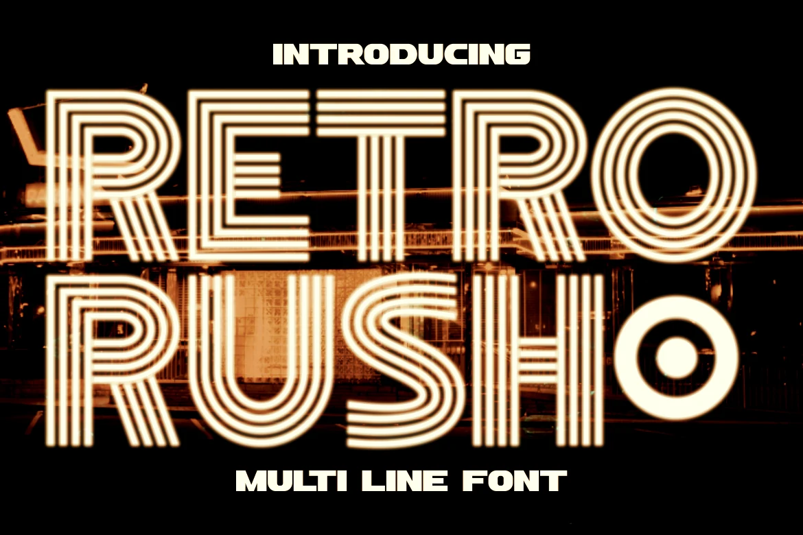 Retro Rush Font preview with glowing multiline retro lettering and geometric stripe shapes