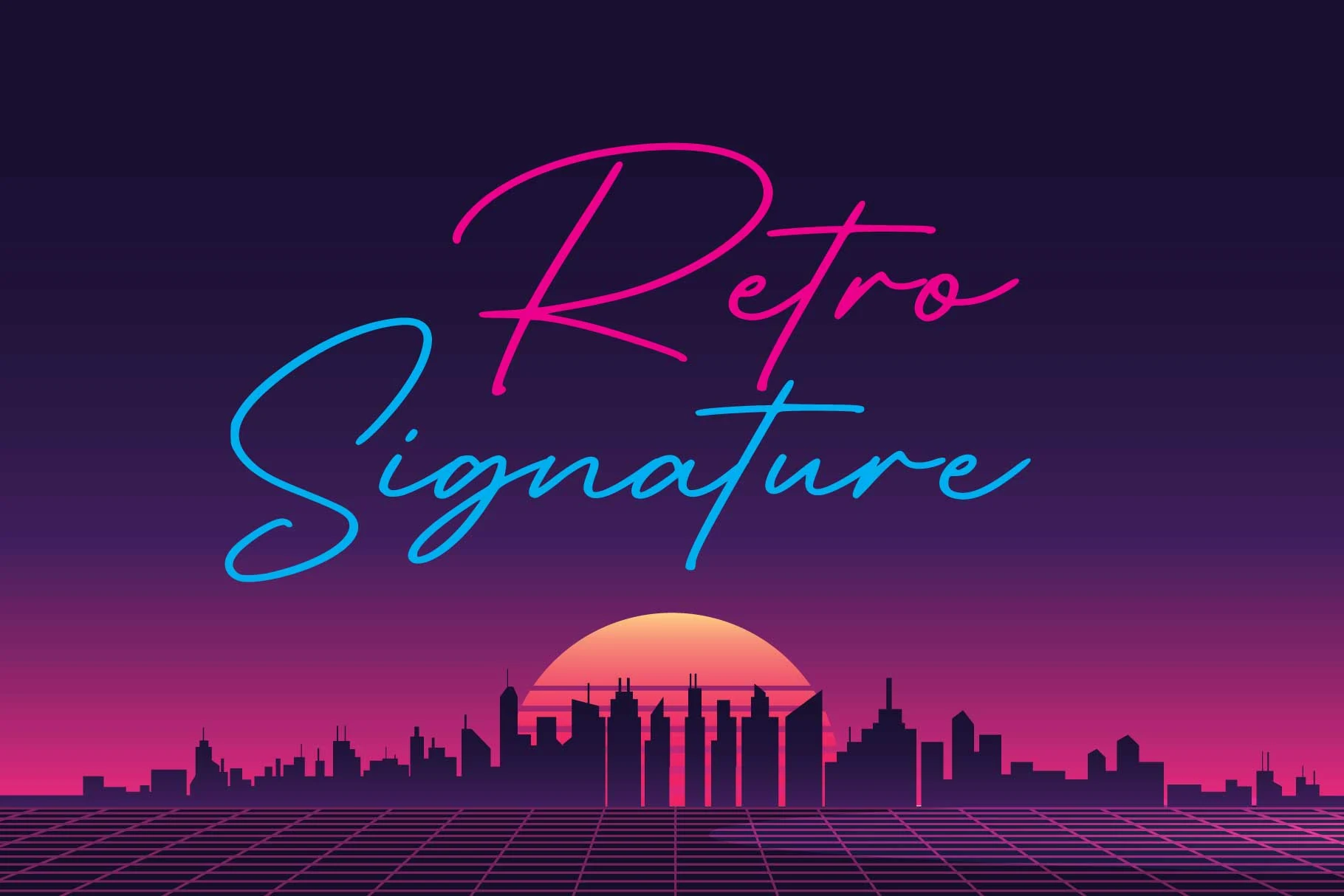 Retro Signature Font preview with neon pink and blue handwritten script lettering