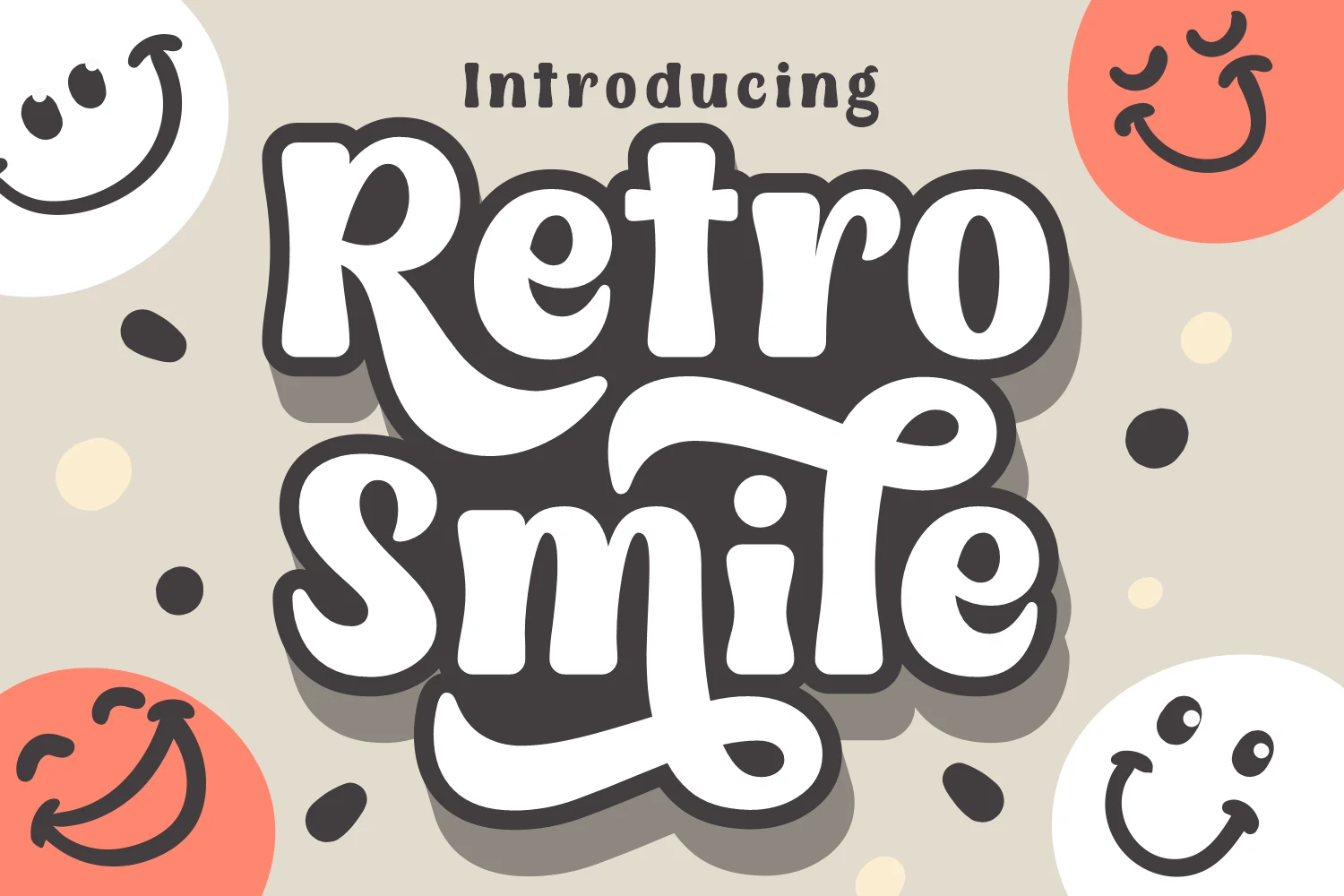 Retro Smile Font preview with chunky white script lettering, dark outline, and swooping curves