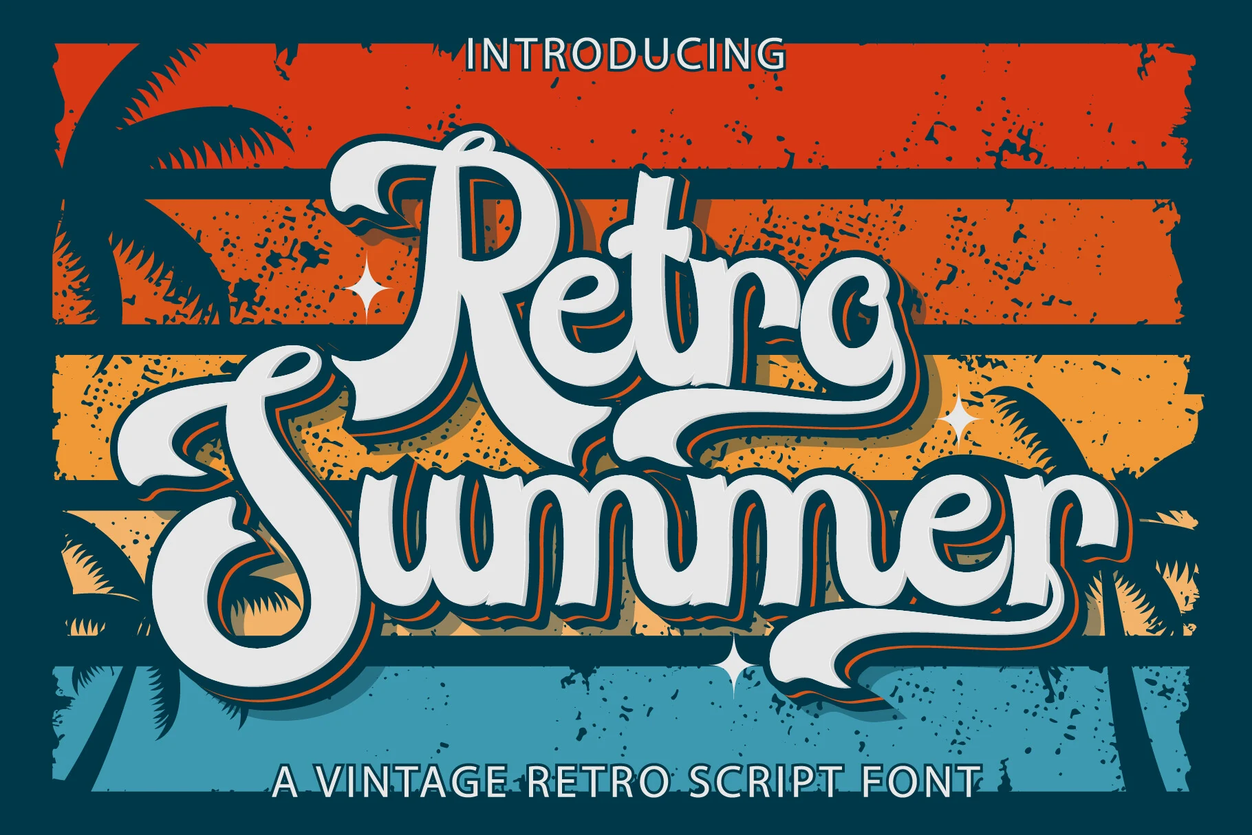 Retro Summer Font preview with white groovy bubble lettering and black outline