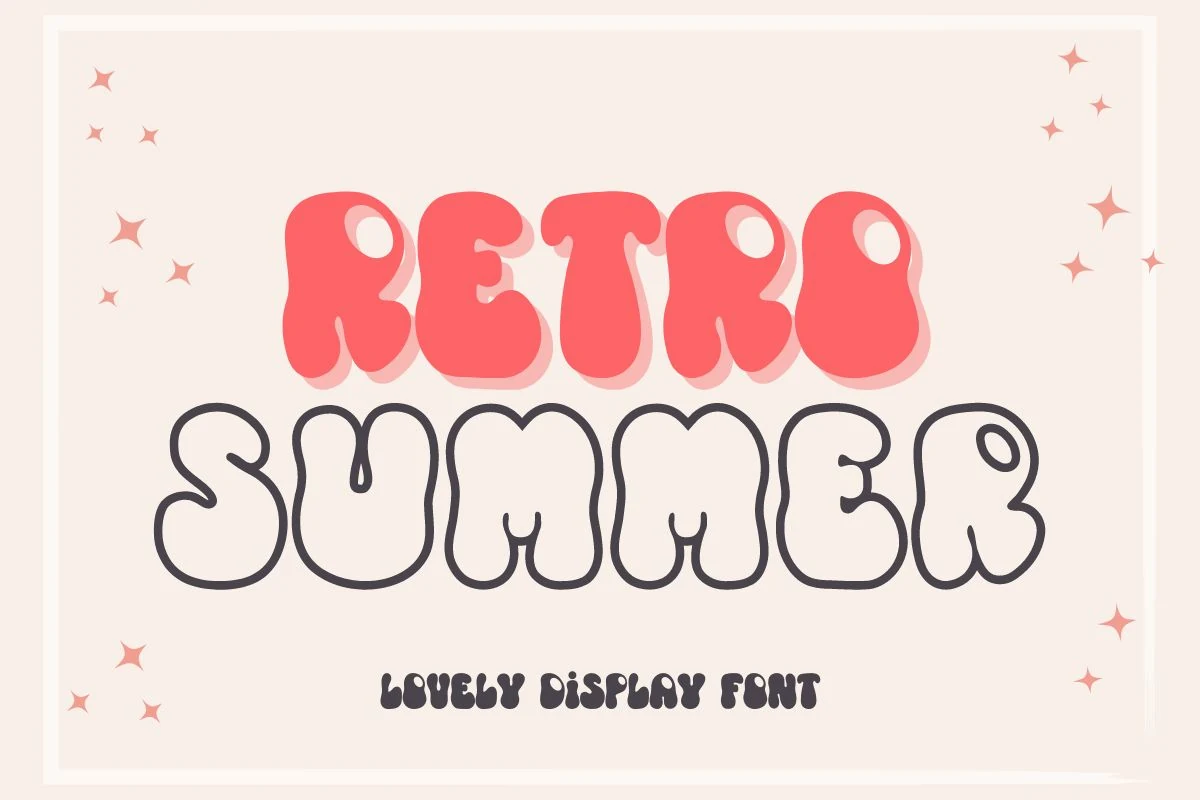 Retro Summer Font preview with white groovy bubble letters and black outline