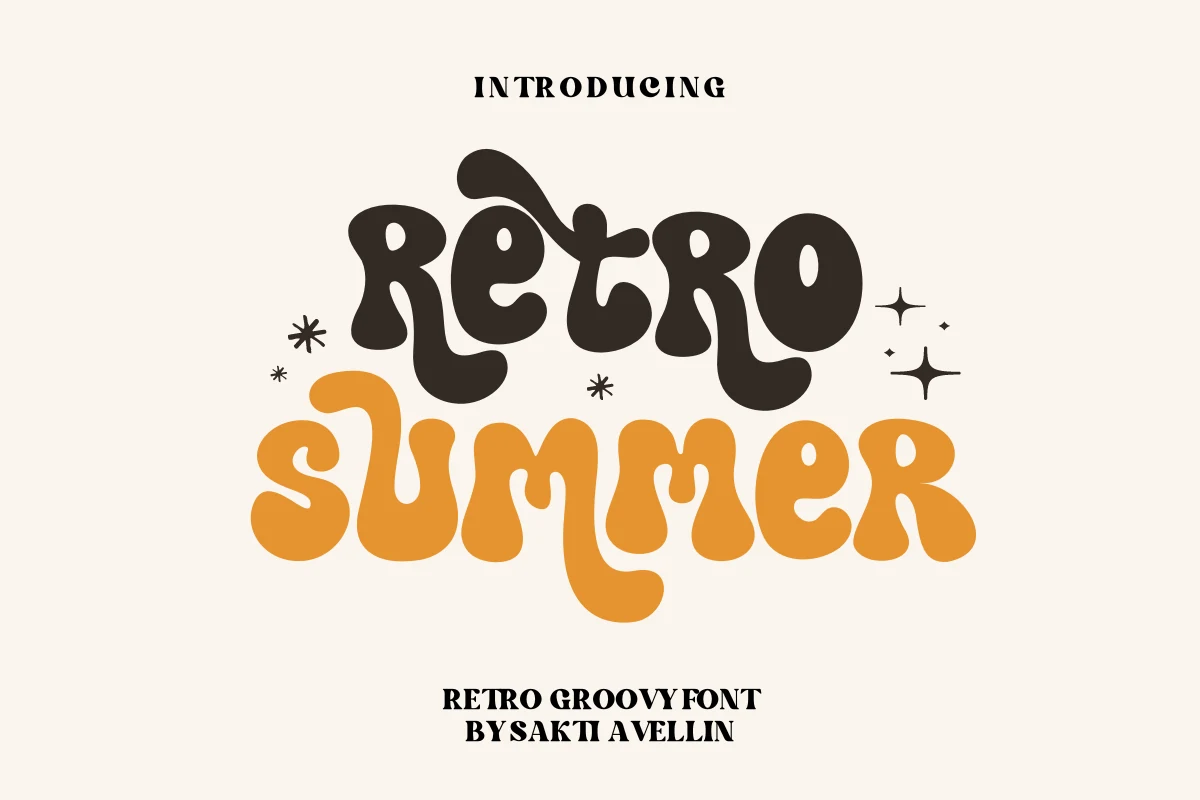 Retro Summer Font preview with rounded white bubble lettering and black outline on a retro sunburst background