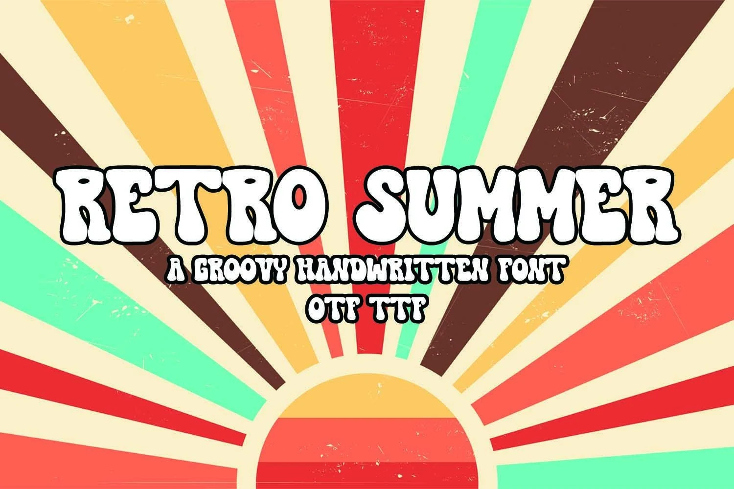 Retro Summer Font preview with white groovy bubble lettering and thick black outline