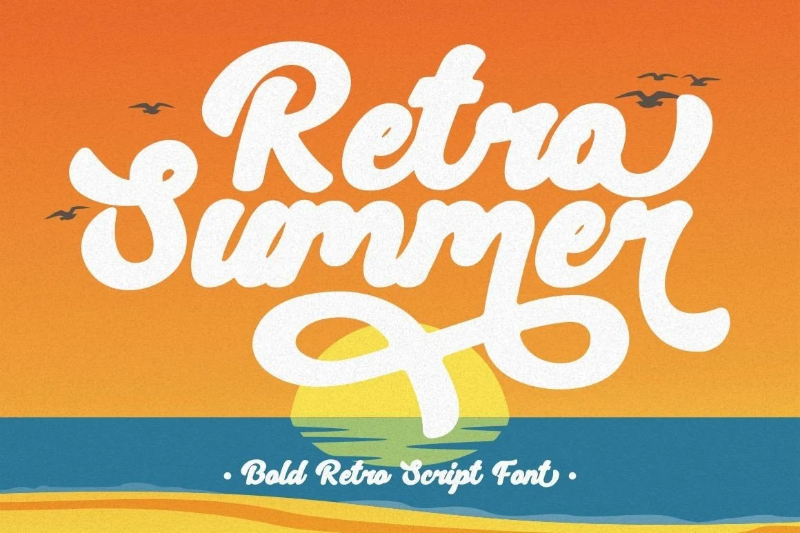Retro Summer Font preview in bold retro script lettering with cream fill, dark outline, and long swashes