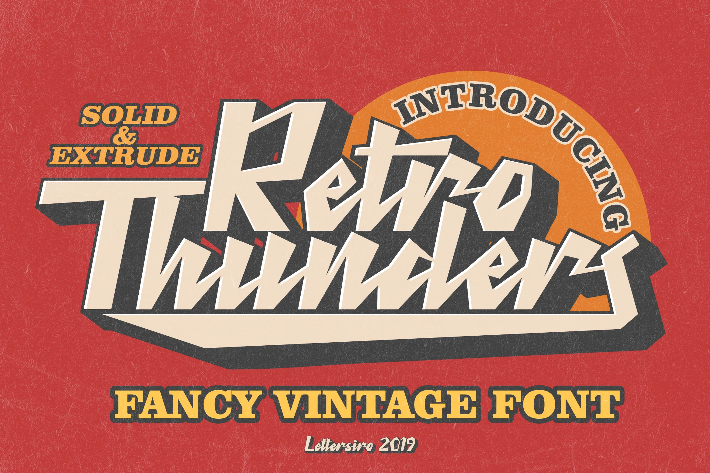 Retro Thunder Font preview with angular cream vintage lettering and dark extrude shadow