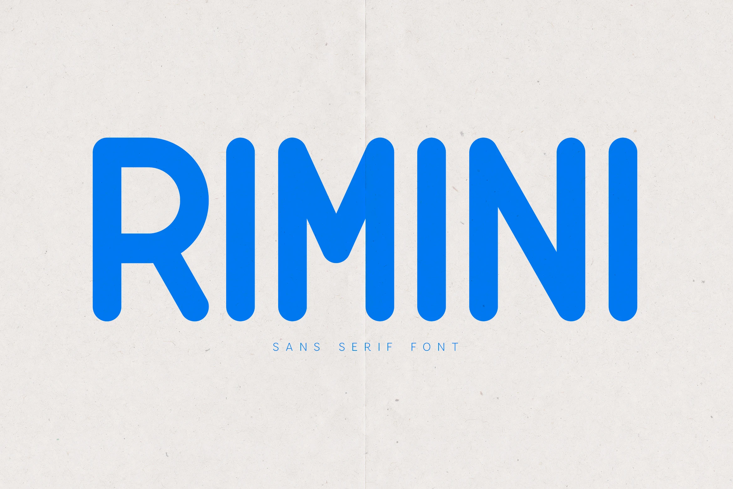 Rimini Font preview with rounded blue sans serif uppercase lettering