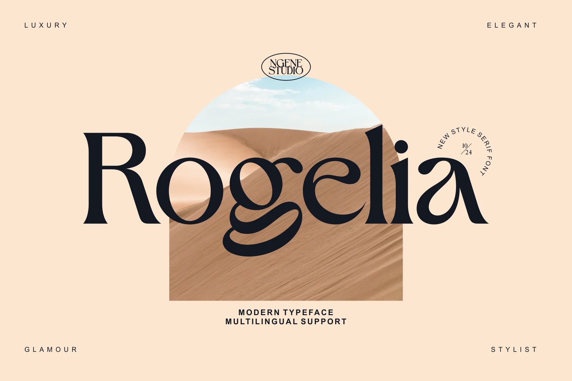 Rogelia Font preview with dark elegant serif lettering, high contrast, and sweeping curved terminals