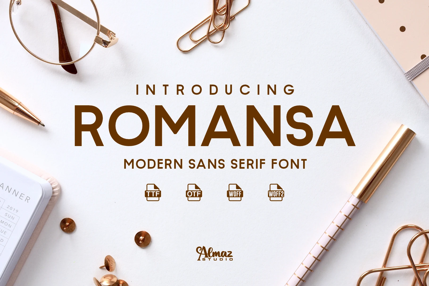 Romansa Font preview with bold uppercase sans serif lettering in warm brown
