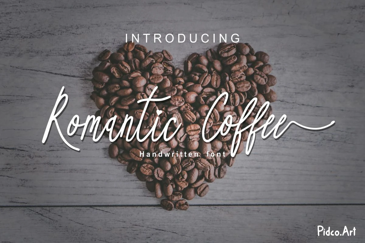 Romantic Coffee Font preview with white slanted handwritten script, tall loops, and a long swash