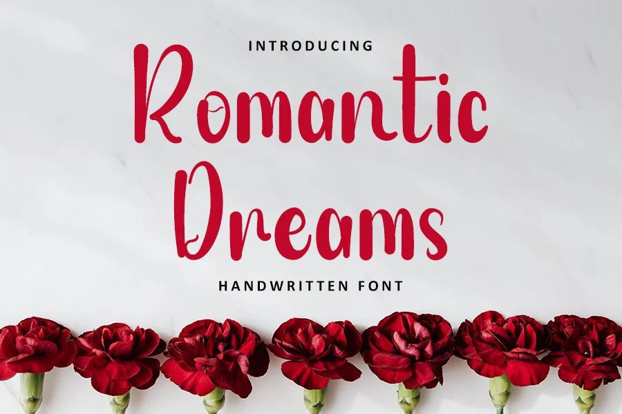 Romantic Dreams Font preview with red handwritten letters, rounded strokes, and a casual script style