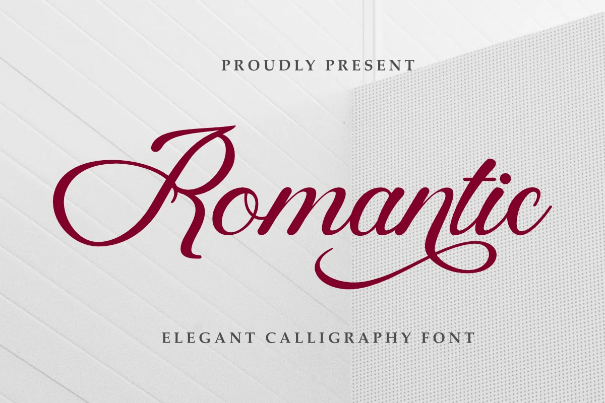 Romantic Font preview with burgundy elegant calligraphy lettering and large looped capital R