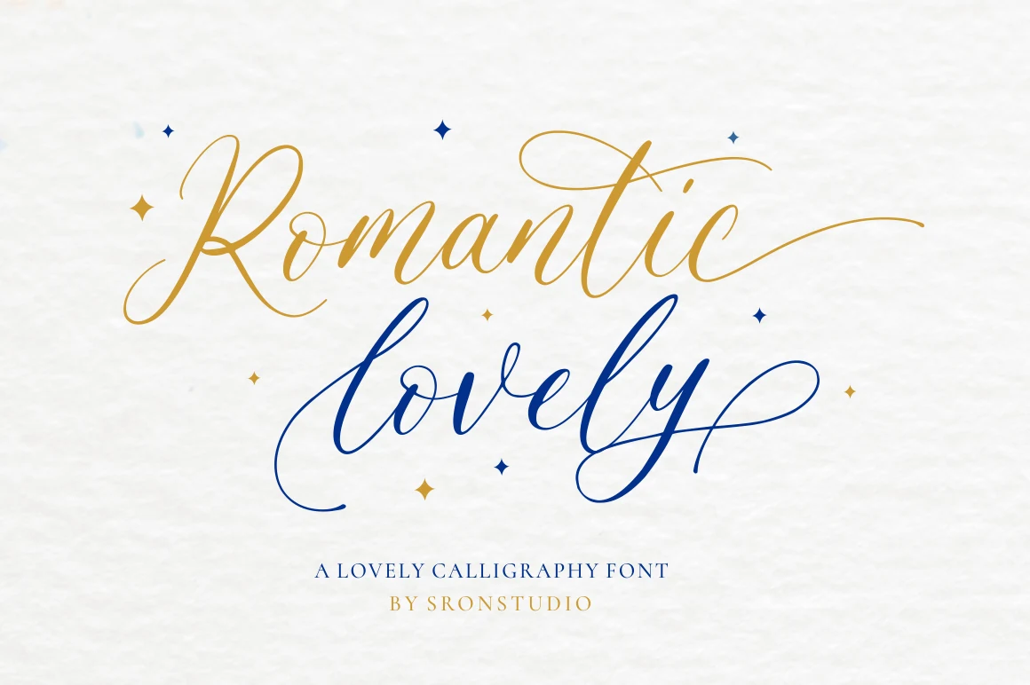 Romantic Lovely Font preview with elegant calligraphy script, sweeping swashes, and gold and blue lettering