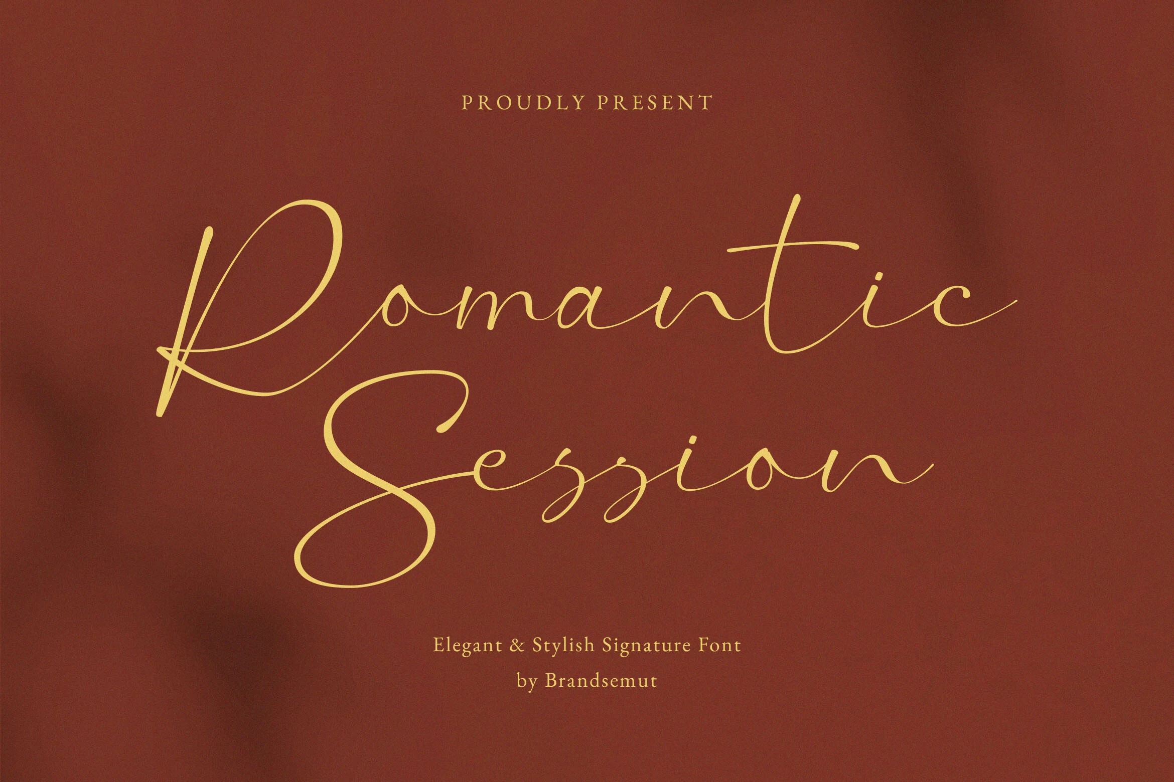 Romantic Session Font preview with gold signature script, thin strokes, and sweeping loops