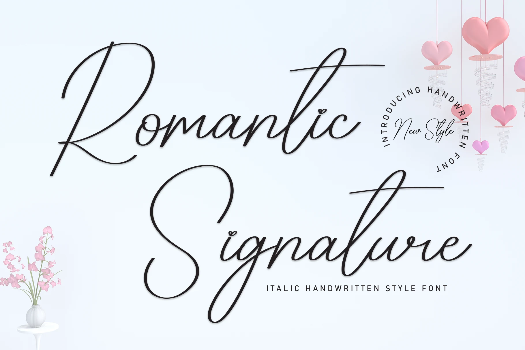 Romantic Signature Font preview with black italic handwritten script, long loops, and small heart details