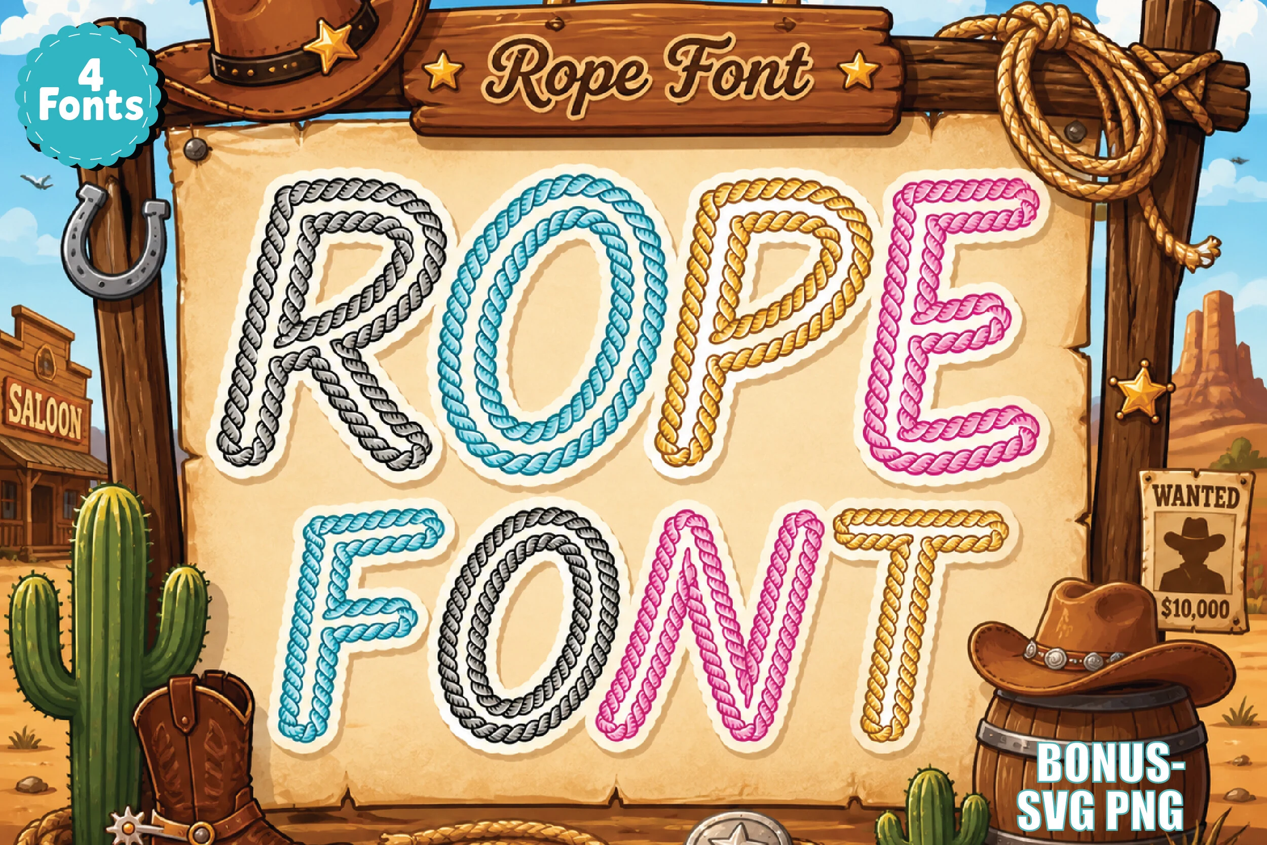 Rope Font preview with colorful rope-style western letters on a rustic cowboy sign
