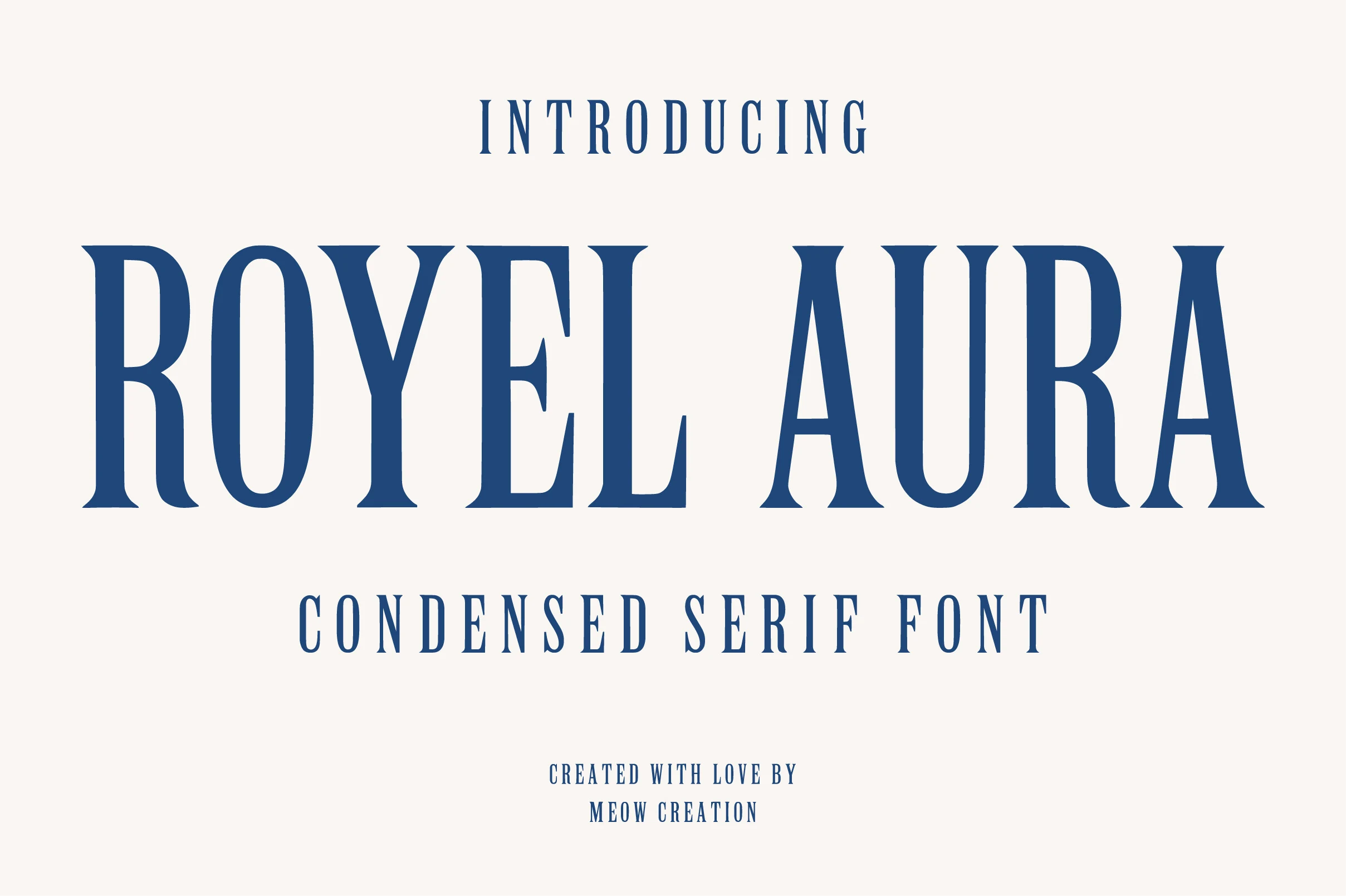 Royel Aura Font preview with tall blue condensed serif lettering for modern headlines